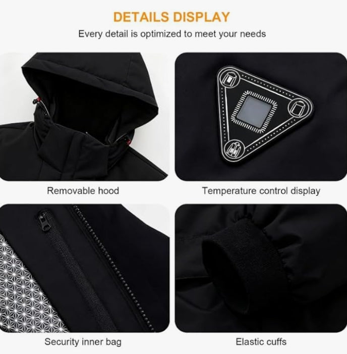 Heated Jacket for Men and Women with Detachable Hood – Waterproof Windproof Winter Snow Ski Jacket Raincoat